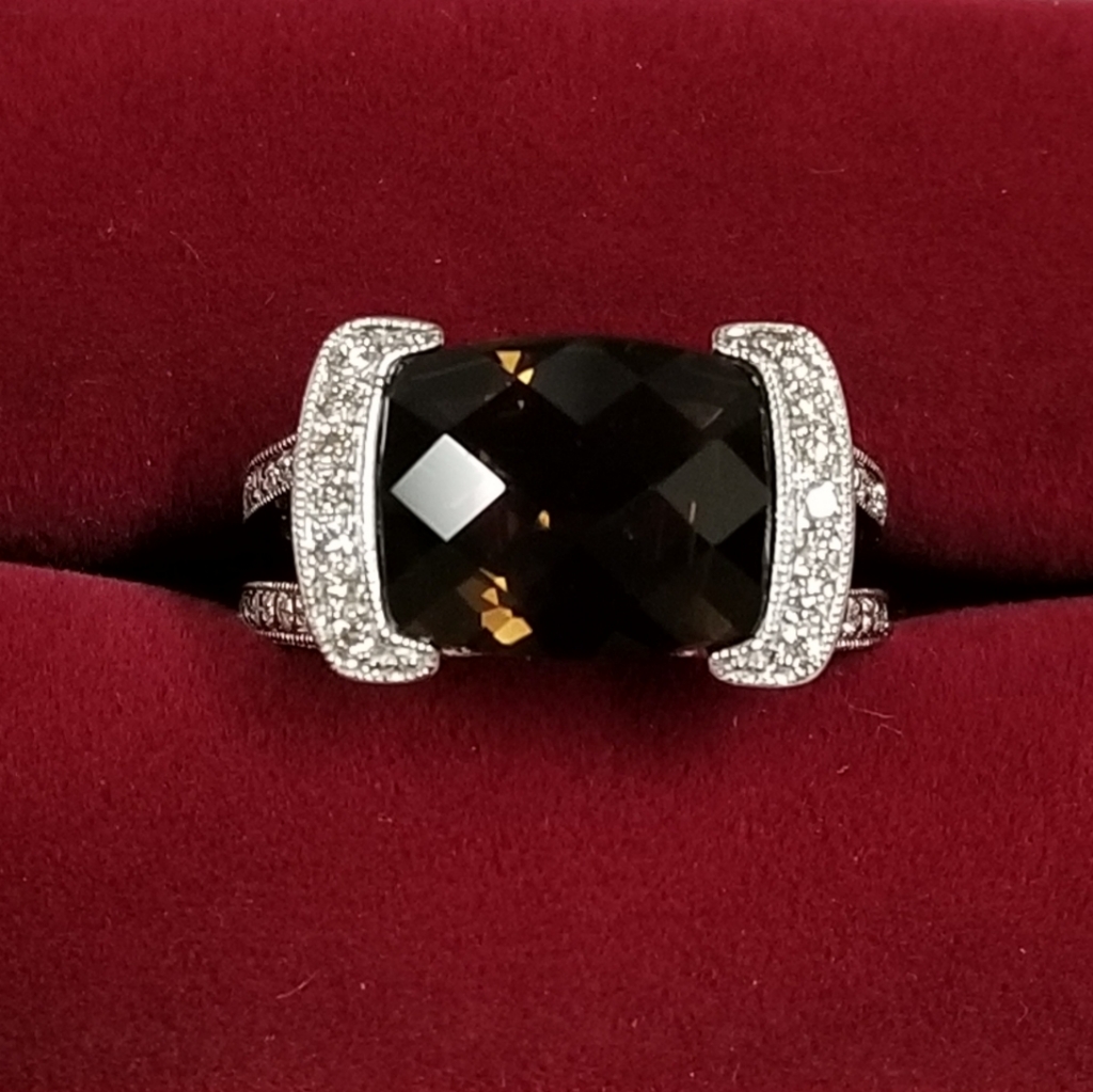 14k White Gold Smoky Quartz  Diamond Ladies Ring